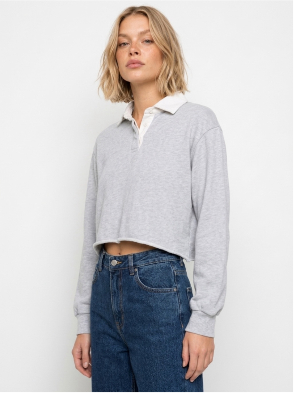 Brandy Melville Gray Cropped Rugby Polo Top White Collar Y2K Made Italy Size S
